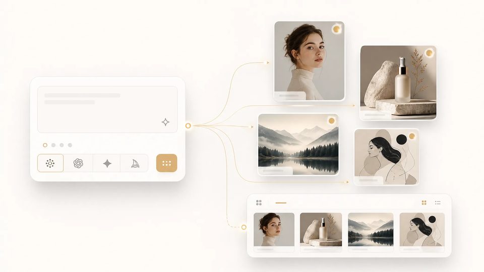 Espaço do gerador de imagens com IA do SupaImagine — escolha entre os top modelos e cada resultado é salvo na sua biblioteca