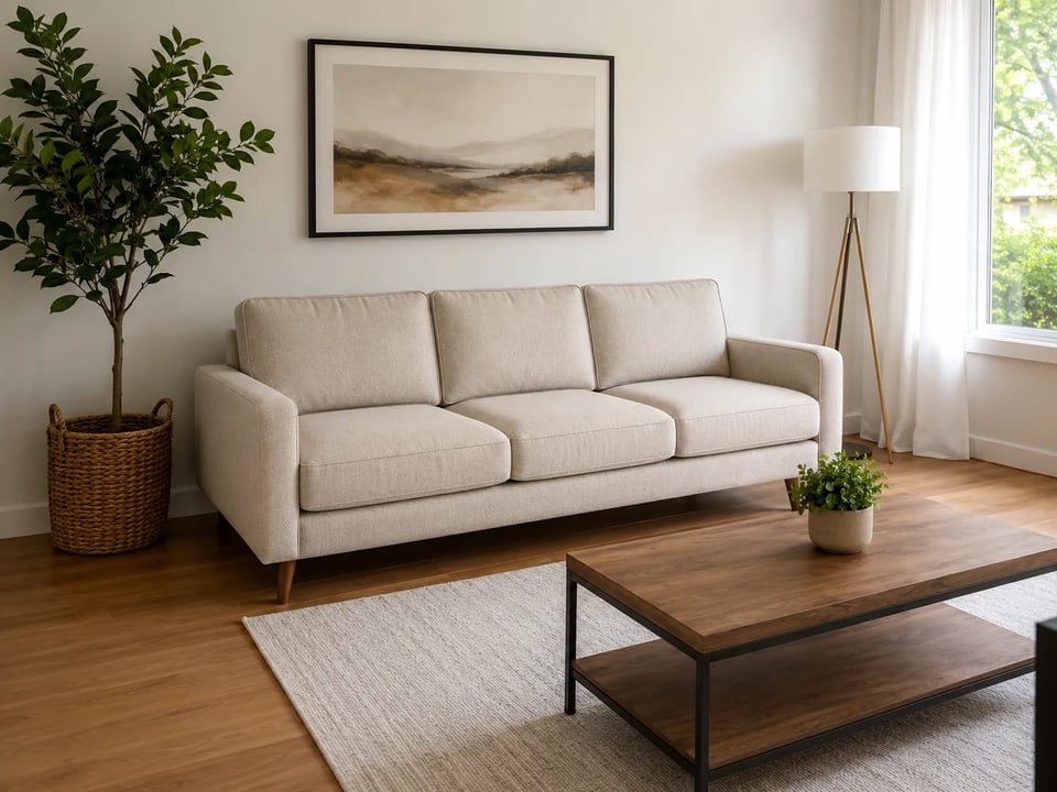 Wohnzimmer mit platziertem Sofa