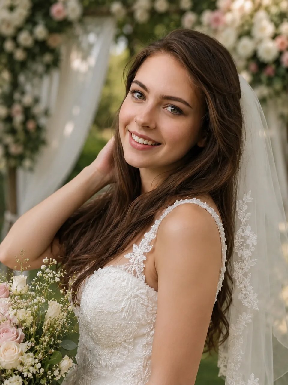 Same outdoor portrait after wedding dress photo AI restyle
