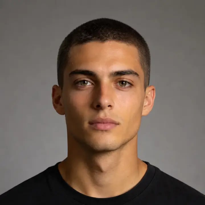 Same man after curly hair cut to buzz