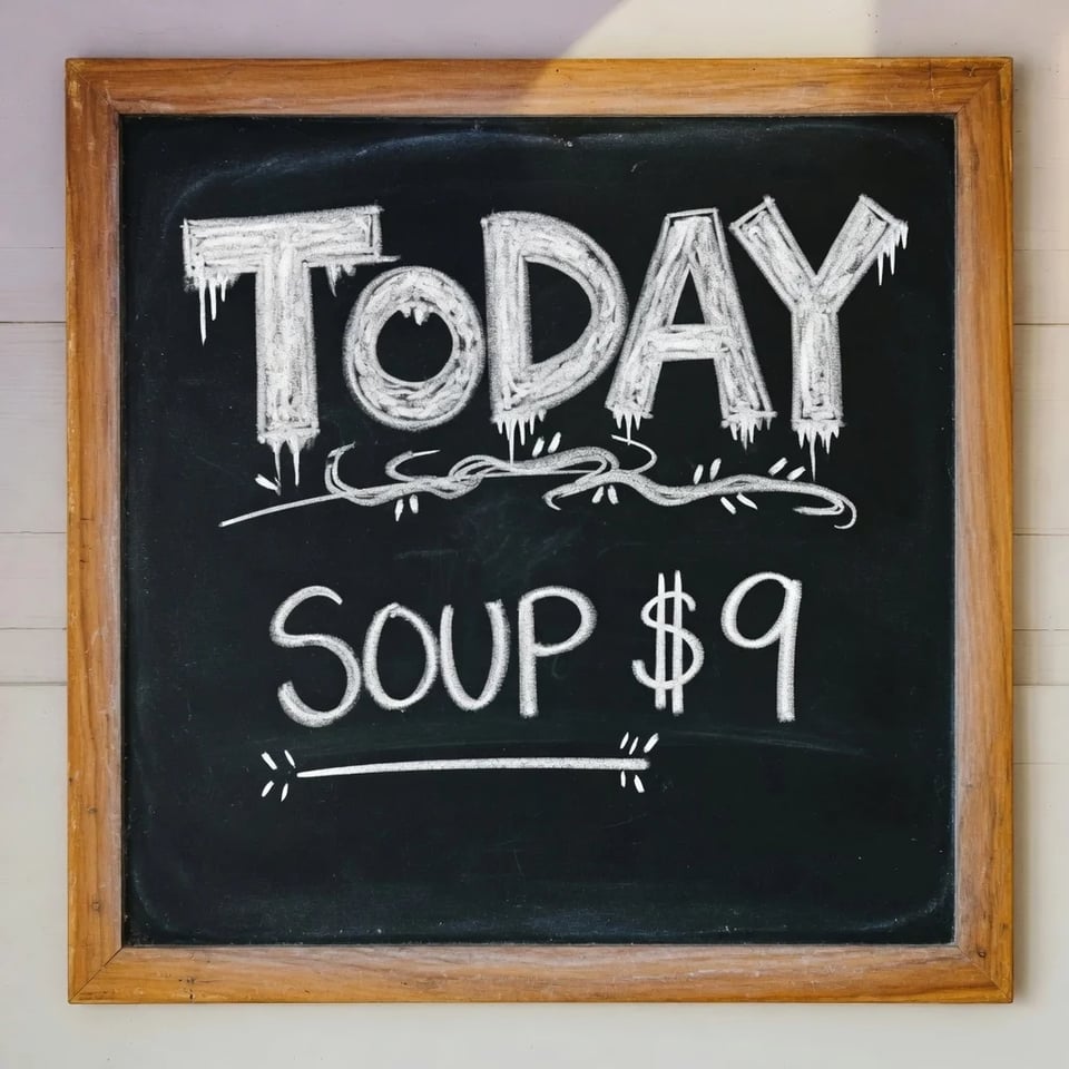 A mesma lousa com TODAY e SOUP $9 corrigidos