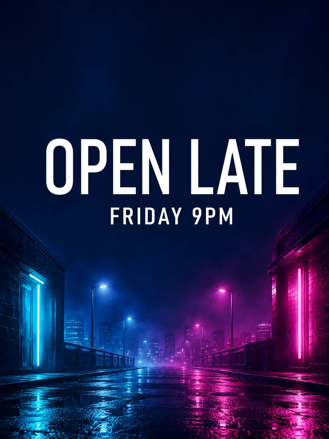 Prompt-1-Ergebnis — OPEN LATE / FRIDAY 9PM Neon-Poster · GPT Image 2 · 1K · generated on SupaImagine