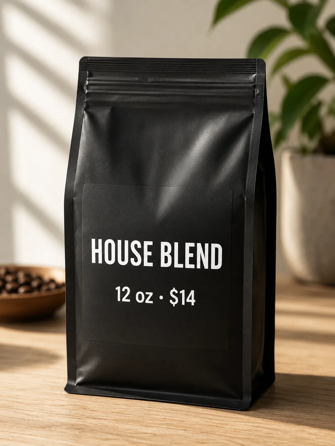 Prompt-2-Ergebnis — HOUSE BLEND Kaffeebeutel-Label · GPT Image 2 · 1K · generated on SupaImagine